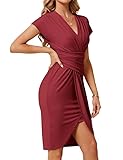 JASAMBAC Women's Dark Pink XL Casual Business Dress, Midi Length, V-Neck, Batwing Flutter Sleeves, Ruched Wrap Dress, Summer, Solid, Formal, Dress - Image 1