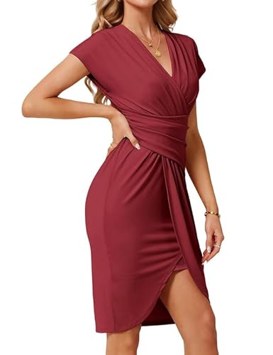 JASAMBAC Women's Dark Pink XL Casual Business Dress, Midi Length, V-Neck, Batwing Flutter Sleeves, Ruched Wrap Dress, Summer, Solid, Formal, Dress