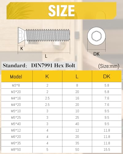 Caianwin 100Pcs M4x16mm Hex Countersunk Bolts DIN7991 Machine Screws 304 Stainless Steel Countersunk Screws - Image 2