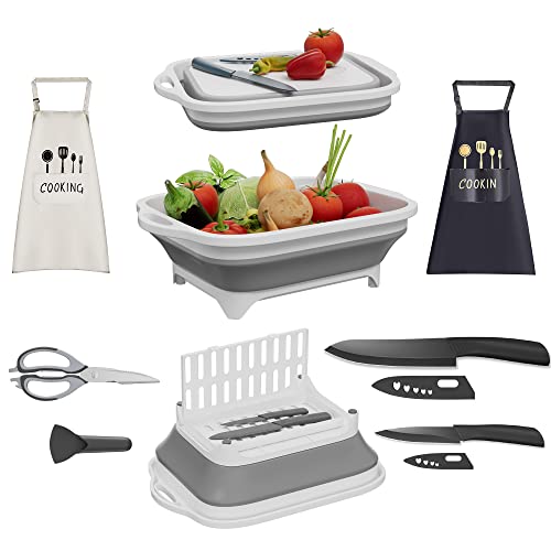 Camping Accessories Kit, Collapsible Cutting Board,Chef Fruit Knife Set,Shears With Magnet Holder,2 Pack Aprons Black And White With 2 Pockets,Kitchen Utensil Gadgets,Wash Basin Sink,Colander Strainer #TOP10