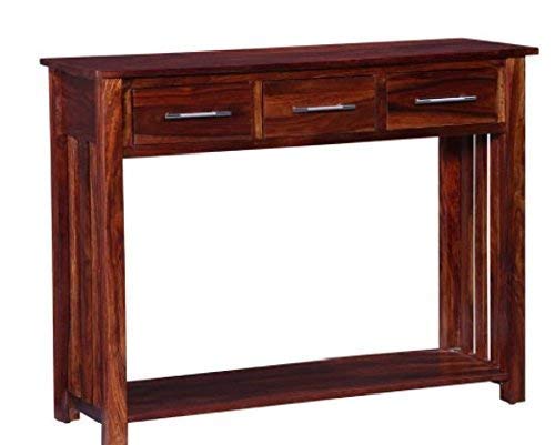 Image of Solid Sheesham Wood Console Table for Living Room | Entryway Hallway Sofa & Fish Tank Table with 3 Drawers & Shelf Storage | Wooden Side Furniture | Honey Finish