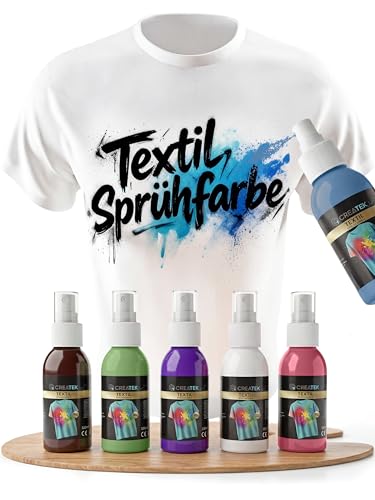 CreaTek Textilfarbe Spray Set 6x100ml Creative Colors - Textilfarbe waschmaschinenfest bis 40C Textil Sprühfarbe für Stoffe Baumwolle T-Shirts