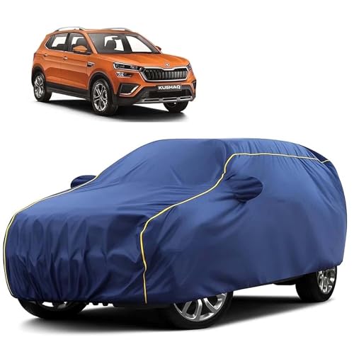 Image of Sulfar 100% Water Resistant Car Body Cover Compatible with Mirror for Skoda Kushaq (Triple Stitched, Full Bottom Elastic, Blue Tafetta with Yellow Piping)