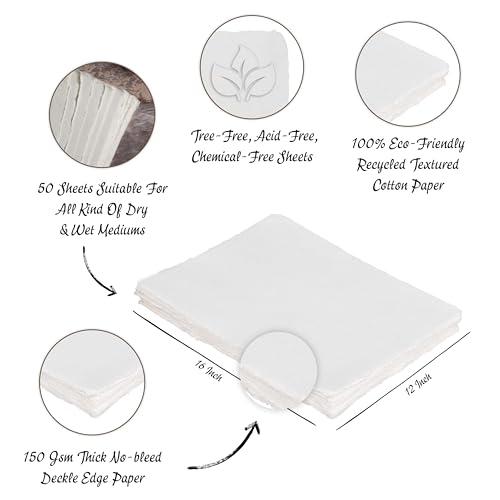 Image of Pzyvelines- 50 Sheets of Watercolor Paper of 150 GSM - Virgin Cotton - Handmade Paper with Deckle Edges - 16X13 Inches (41x33 cm)- White Toned