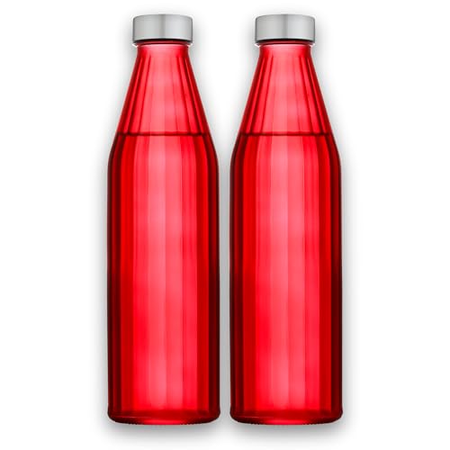 Image of SAND DUNE RedColour Glass water bottle, 800 ml Each, Set of 2, with Leak-Proof Airtight Stainless-Steel Lid for Water, Smoothie, Juices - Reusable Travel Glass Drinking Fridge Bottles