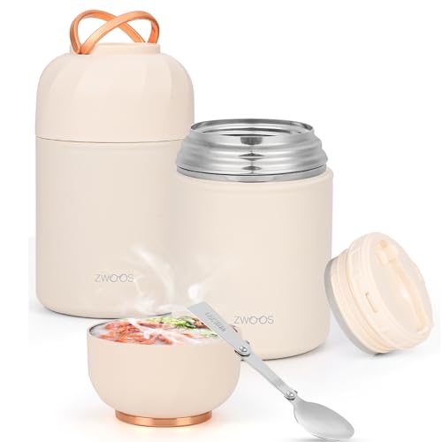 ZWOOS Termo Comida Caliente 850 ml, Recipiente Térmico para Comida con Asa, Frasco Acero Inoxidable fiambrera termica con Cuchara Plegable, para sopa, pasta (Blanco-850ML)