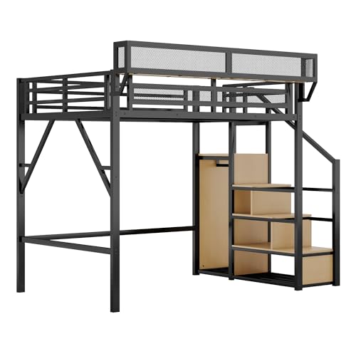 KEIKI Full Size Metal Loft Bed Frame with Convertible Staircase, Built-in Storage Shelves & Wardrobe, Loft Bed with Solid Slats & Guardrail, No Box Spring Required, Easy Assembly, for Bedroom, Black