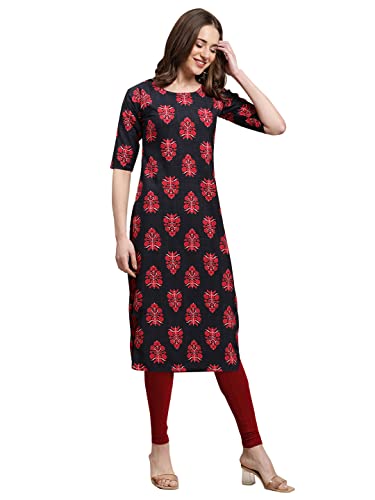 Image of Pinkmint Women's Crepe Black Color Floral Printed Straight Kurti(MD-530349)