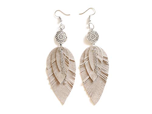 Cream suede Leather fringe Earrings for Women, Handmade Gift, Boh...