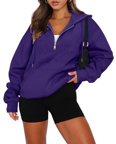 onlypuff Women Half Zipper Pullover Sweatshirt Long Sleeve Hoodies Kangaroo Pocket Fleece Basic Sweater