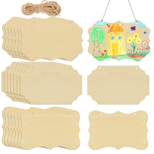 ﻿RYKOMO 24 Pieces Unfinished Hanging Wood Sign Blank with Ropes, 5.7X8.9 Inch Rectangle Blank Wood Sign Wooden Plaques for Crafts