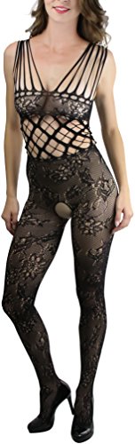Image of ToBeInStyle Women's Bodystocking Crotchless Peek-A-Boo Fishnet Lace Bodysuit
