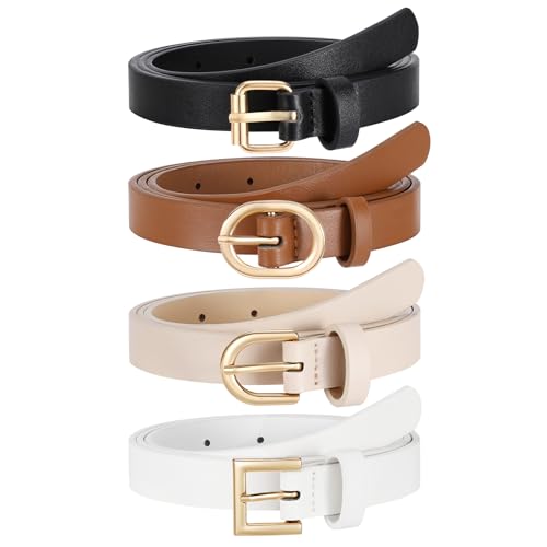 JASGOOD 4 Pack Women Skinny Leather Belt for Dresses with Gold Buckle Ladies Thin Waist Belt for Jeans Pants