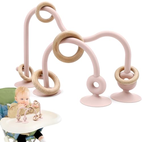 Image of Baby Sensory Chew High Chair Suction Toys for Infant Toddlers 6 12 18 24 Months Gifts, Food Grade Silicone String with Oak Loop Montessori Educational Baby Bath Toy (Pink)
