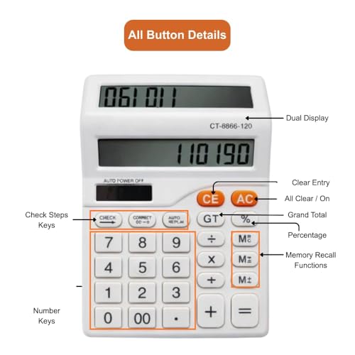 Image of 12 Digit Dual Screen Desktop Calculator with Big Buttons, GT & Memory Functions, Auto Power Off, Electronic Tabletop Office Use for Home, Shop & Business, White