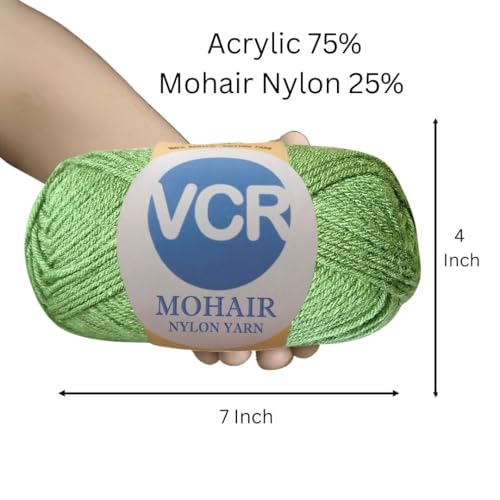 Image of VCR Mohair Nylon Leaf Green Yarn, 100 Grams Hank, 196 Meters Length, Acrylic 75%, Mohair Nylon 25%, Pack of 1 Yarn, Soft Crosia Threads, Suitable for Winter Garments.