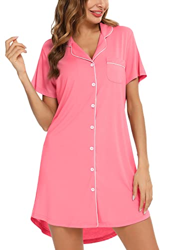 Image of Samring Pajama Nightgown for Women Short Sleeve Button Down Boyfriend Night Gown Nightdress Sleep Shirts