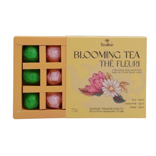 Blooming Tea Gift Set – 9 Handmade Flower Tea Balls (Rose, Orange, Passion Fruit) – Flowering Green Tea That Blooms in Water – Artisan Tea Gift Box for Tea Lovers by Tealise