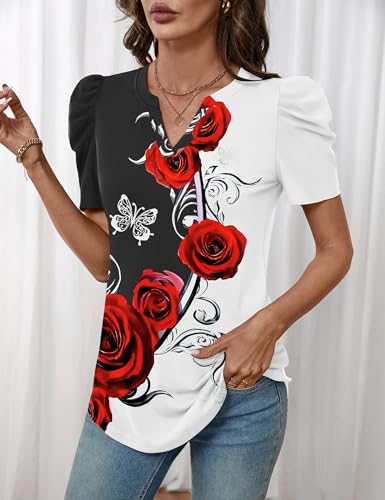Image of LOMON Spring Summer Tops for Women 2026 V Neck Puff Short Sleeve Tops Fashion Trendy Work Blouses Dressy Casual S-XXL