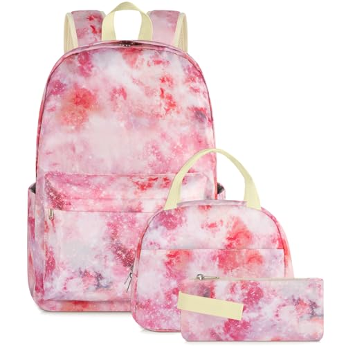 Fiuned School Backpack for Teen Girls Kids Bookbag Set with Lunch Box Pencil Case 17' Large Capacity Laptop Backpack Casual Daypacks (Galaxy Pink)