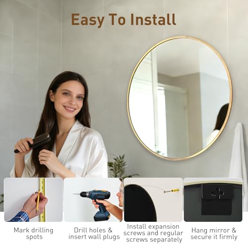 Image of NEWBULIG 36 Inch Round Wall Mirror, Bathroom Mirrors for Over Sink, Matte Metal Framed Circle Vanity Mirror, Wall Decor for Bedroom, Entryway, Anti-Rust, Tempered Glass, Hanging or Leaning, Gold