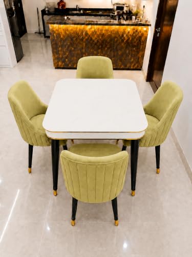 Image of WOODEN SPACE 4 Seater Wooden Dining Table Set | Urban Marble Top Dining Table with Chairs for Dining Room & Kitchen (Modern Infinity Backline Light Green) (42 x 42 x 30 inch)