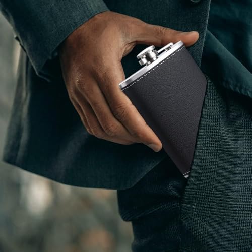 Image of Hip Flask 8oz,Alcohol Flask 304 Stainless Steel Flagon Black Hip Flask Leakproof Whiskey Flask with Leather Wrapped Cover,Portable Pocket Whisky Flaskk