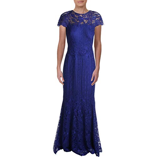 Tadashi Shoji Womens Floral Lace Illusion Evening Dress Blue 8