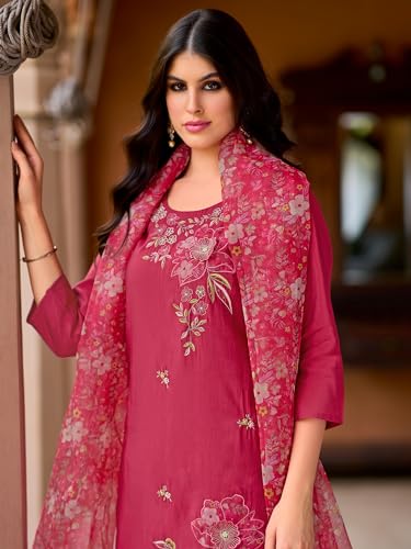 Image of INDO ERA Women's Embroidered Silk Blend Calf Length Straight Kurta Trouser With Dupatta Set (IEOUT7589)