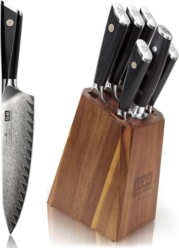 SHAN ZU Damaststahl Messerblock mit Messer, 7-teiliges Küchenmesserset aus Japanischem 10Cr15CoMoV Spitzenstahl, Professionelles Küchenmesser mit G10 Griff - GYO Series