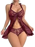 Foxiny Sexy Halter Open Front Ruffle Sheer Mesh Lace Babydoll Lingerie Dress with Thong 2 Piece Women See Through Panty Chemise Negligee Burgundy Red Large
