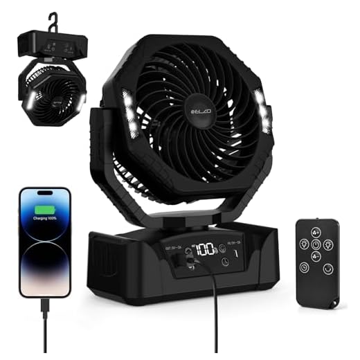 ELZO 20000mAh Camping Ventilator, Wiederaufladbarer Tischventilator USB Ventilator mit LED Licht & Haken, 270° Drehung mit Fernbedienung, Clip Fan für Outdoor Camping Angeln