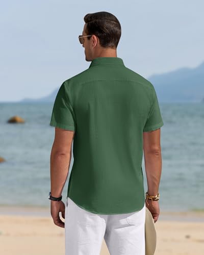 Image of J.VER Mens Linen Shirt Short Sleeve Button Down Casual Summer Shirts | Cotton Linen, Untucked, Big Tall, from Beach Camp Vacation, Cruise Fishing, Work Office, to Wedding Party Family, with Pocket