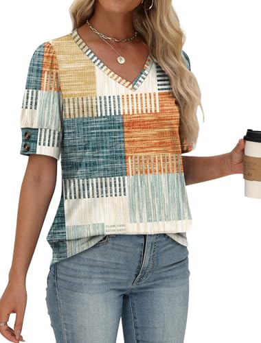 Image of OFEEFAN Womens Tops Short Sleeve Shirts Buttons V Neck Spring Fashion Summer Outfits Plus Size Blouses Dressy Casual