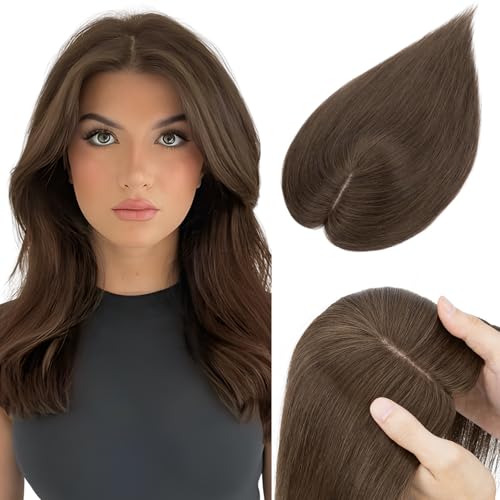 Elailite Haarteil Echthaar Topper Clip in Toupet Frauen Seide Basis Clip in Extensions Haarverlängerung 130% Dichte Remy Silk Base Glatt 45cm 57g #02 Dunkelbraun
