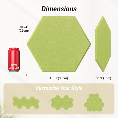 Image of 12 Pack High Density Hexagon Acoustic Panels, TONOR 12 inchx 10 inchx 0.4 inch Soundproof Wall Panels, Sound Absorbing Panels for Interior Wall Decor, Peel and Stick Modern for Studio, Office, Home, Green