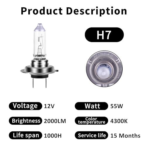 Image of H7 Headlight Bulb 200% brightness 4300K White 12V /55W H7 Bulb Halogen Long Life Replacement PX26D (H7, 2 Pack)