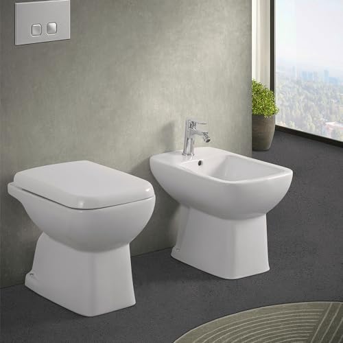 Coppia wc e bidet con brida e scarico a pavimento, in ceramica bianco lucido con copriwater originale, serie GINEVRA
