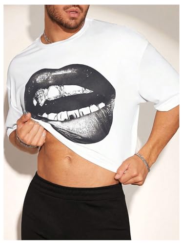GORGLITTER Men's Graphic Tees Cropped Shirt Tops Short Sleeve Rhinestone Lips Crewneck Tee3