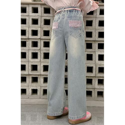 Girls Ripped Jeans Elastic Waist Distressed Baggy Denim Pants Teen Drawstring Wide Leg Streetwear Casual Y2K Trousers3