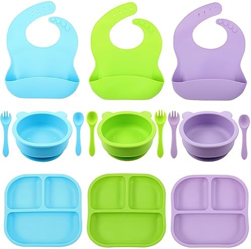Zubebe 15 Pcs Baby Led Weaning Supplies Silicone Baby Feeding Set Divided Toddler Plates Suction Plates for Baby Eating Supplies Toddler Utensils Suction Bowl Spoon Fork Silicone Bib (Bright Color)
