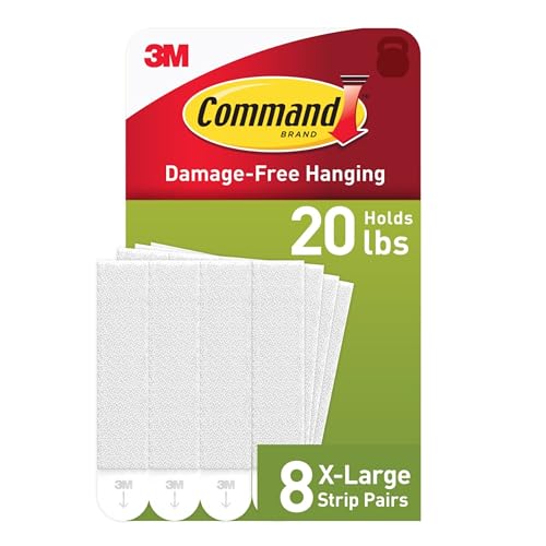Command 20 Lb XL Heavyweight Picture Hanging Strips, Damage Free Hanging Picture Hangers, Heavy Duty Wall Hanging Strips for Living Spaces, 8 White Adhesive Strip Pairs