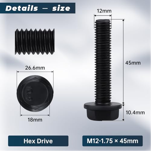 Image of Glvaner M12-1.75 x 45mm (6 pcs) Alloy Steel Flanged Washer Head Hex Bolts, Extra-Large Washer Head, 10.9 Grade Black Oxide Finish GB5789 Full Thread