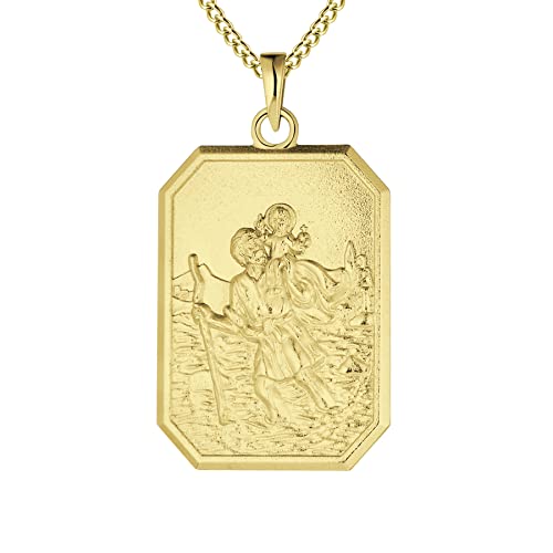 Image of FJ 18ct Gold Plated St Christopher Necklace 925 Sterling Silver for Men Women Saint Christopher Pendant Necklace with 24 Inch Chain (Square)