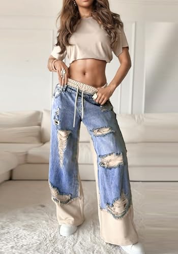 LETSVDO Womens Baggy Patchwork Jeans Wide Leg Drawstring Elastic Waist Ripped Y2k Stretchy Denim Pants Sweatpants3