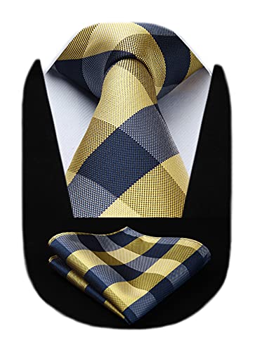 Image of HISDERN Ties for Men Formal Business Plaid Checked Mens Ties and Pocket Square Set Classic Wedding Necktie Handkerchief