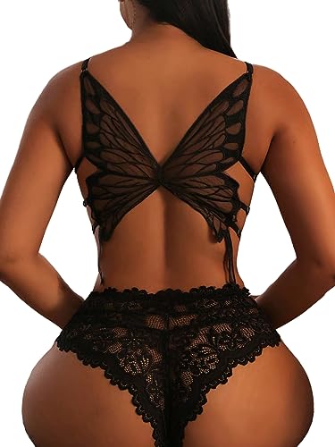 SOLY HUX Women's Floral Lace Cutout Lingerie Set Butterfly Shaped Bralette Bra and Panty Plain Black S