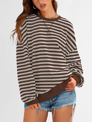 Image of PRETTYGARDEN Womens Striped Oversized Sweatshirt Color Block Crew Neck Long Sleeve Casual Loose Pullover Top Y2K Clothes