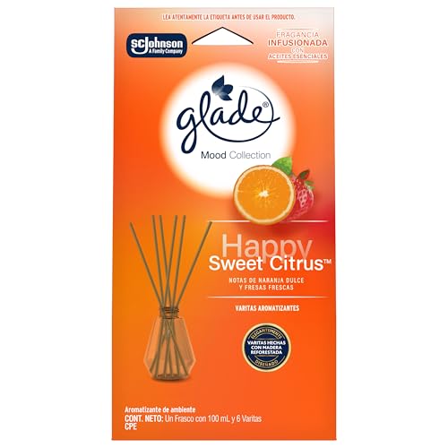 La mejor selección de Fragancias para el hogar - los preferidos. 44 Glade Aromatizante Varitas Mood Collection Aroma Happy Sweet Citrus, Fragancia Continua por Hasta 45 Días, Frasco con 100 ml y 6 Varitas