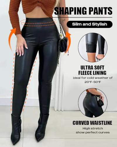 Womens High Waist Fleece Lined Faux Leather Leggings Slim Fit Low Stretch Warm Casual Pants for Winter Fall Daily Wear2